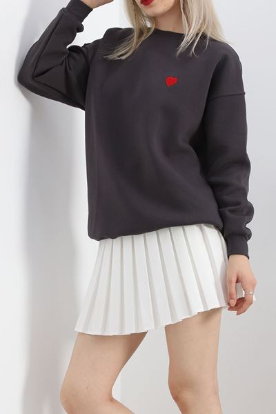 Kalp Nakışlı Şardonlu Oversize Sweat Füme - 21621.200.