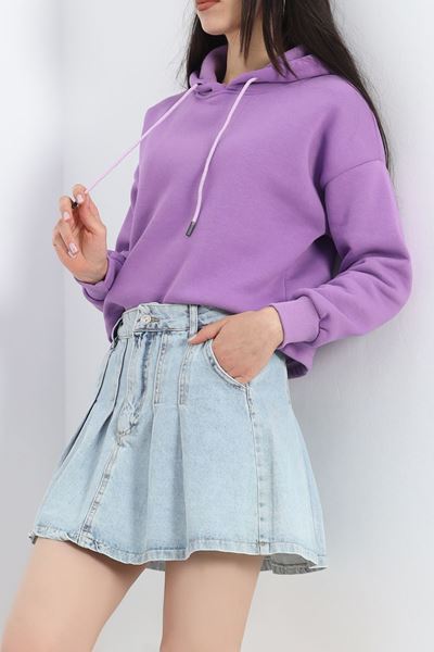 Kapşonlu 3 İplik Crop Sweat Lila - 20969.1878.