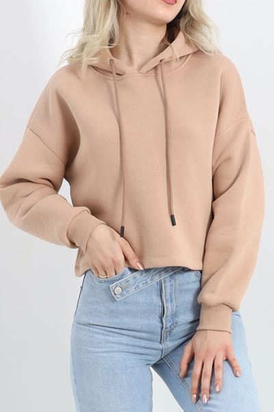 Kapşonlu 3 İplik Crop Sweat Bej - 20969.1878.