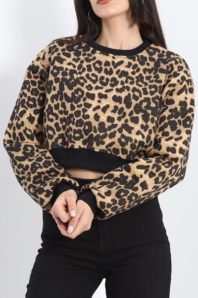 Desenli 3 İplik Crop Sweat Leopar - 20109.1868.