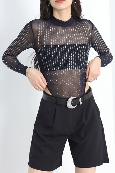 Taşlı Transparan Çıtçıtlı Bodysuit Lacivert - 30167.1918.