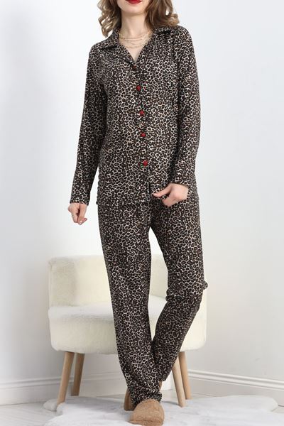 Düğmeli Süet Pijama Takımı Kahveleopar - 30244.1050.