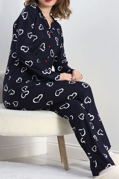 Düğmeli Süet Pijama Takımı Lacivert - 30244.1050.