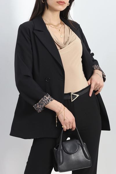 Leopar Astarlı Poliviskon Blazer Ceket Siyah - 50028.1775.