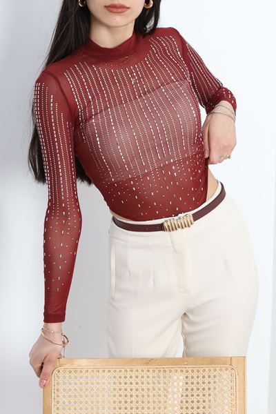 Taşlı Transparan Çıtçıtlı Bodysuit Bordo - 30167.1918.