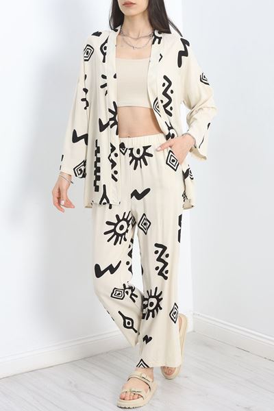 Kimono Desenli Takım Bejsiyah - 22538.1247.