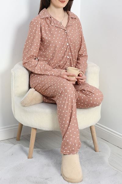 Düğmeli Süet Pijama Takımı Vizon - 50135.919.