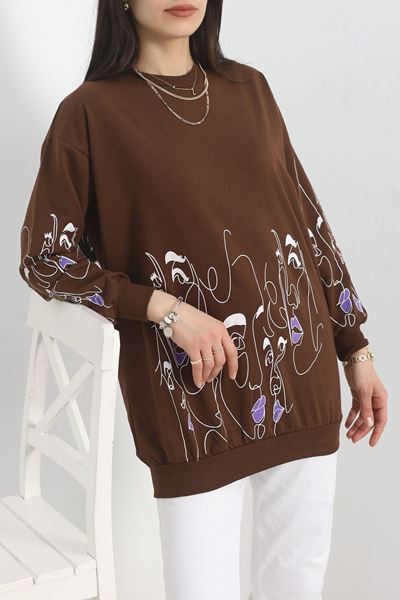 İki İplik Baskılı Tunik Sweat Kahve - 40046.555.