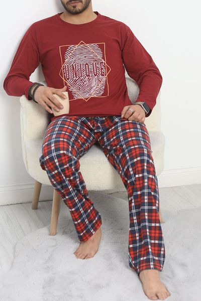 Baskılı Erkek Pijama Takımı Bordo - 40282.1838.