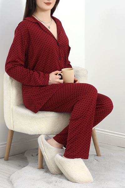 Viskon Düğmeli Pijama Takımı Bordo - 40408.1950.