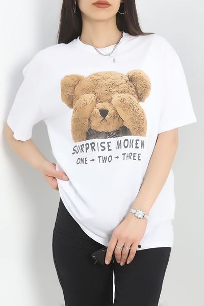 Baskılı Oversize Tişört Beyazbej - 40637.1872.