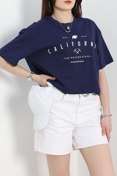 Baskılı Oversize Crop Tişört Lacivert - 30391.1872.